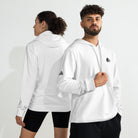 Man and woman wearing white adidas x Signature embroidered fleece hoodie with comfy fit and sporty design.