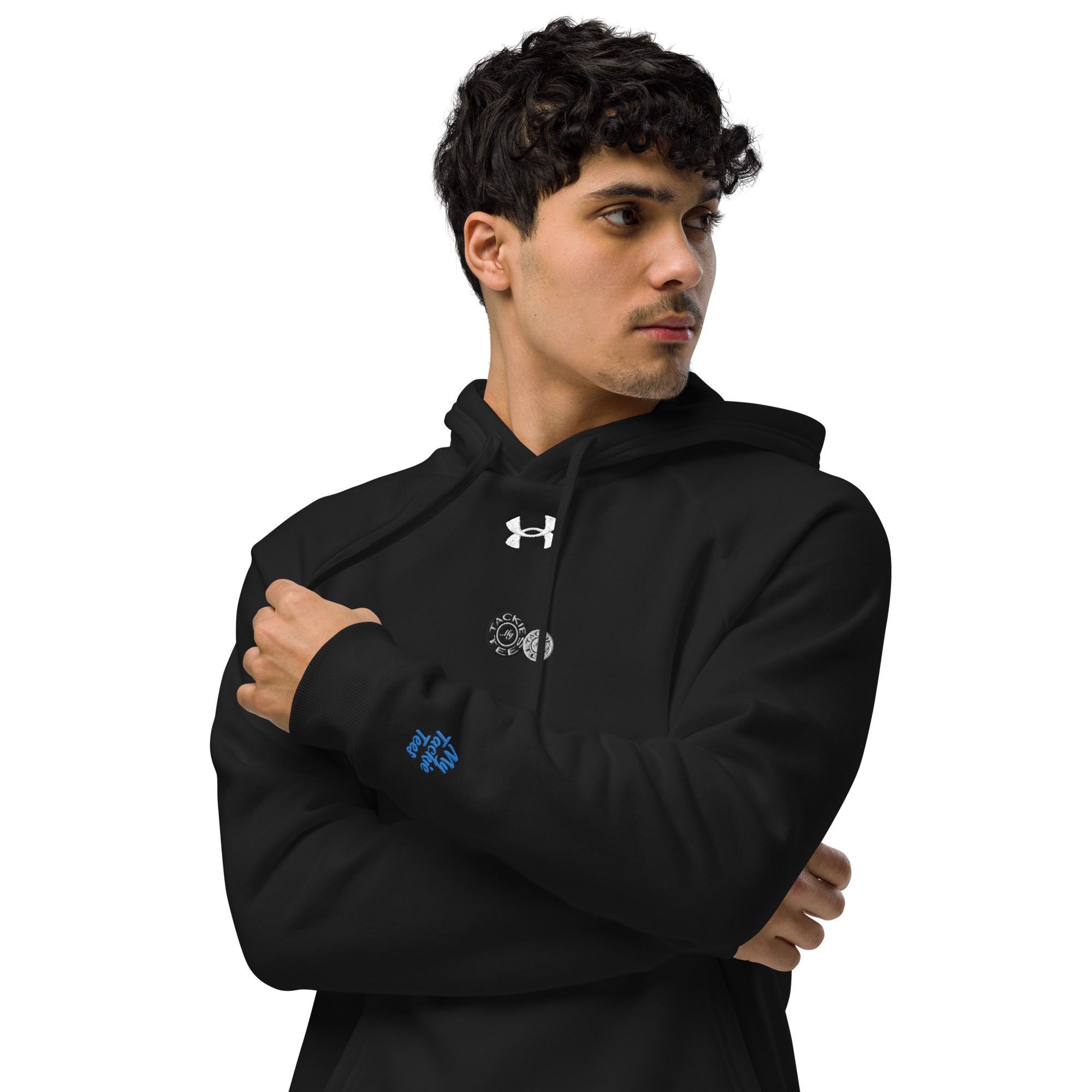 Man wearing black Under Armour embroidered hoodie with logo in a relaxed fit, ideal for comfort and style.