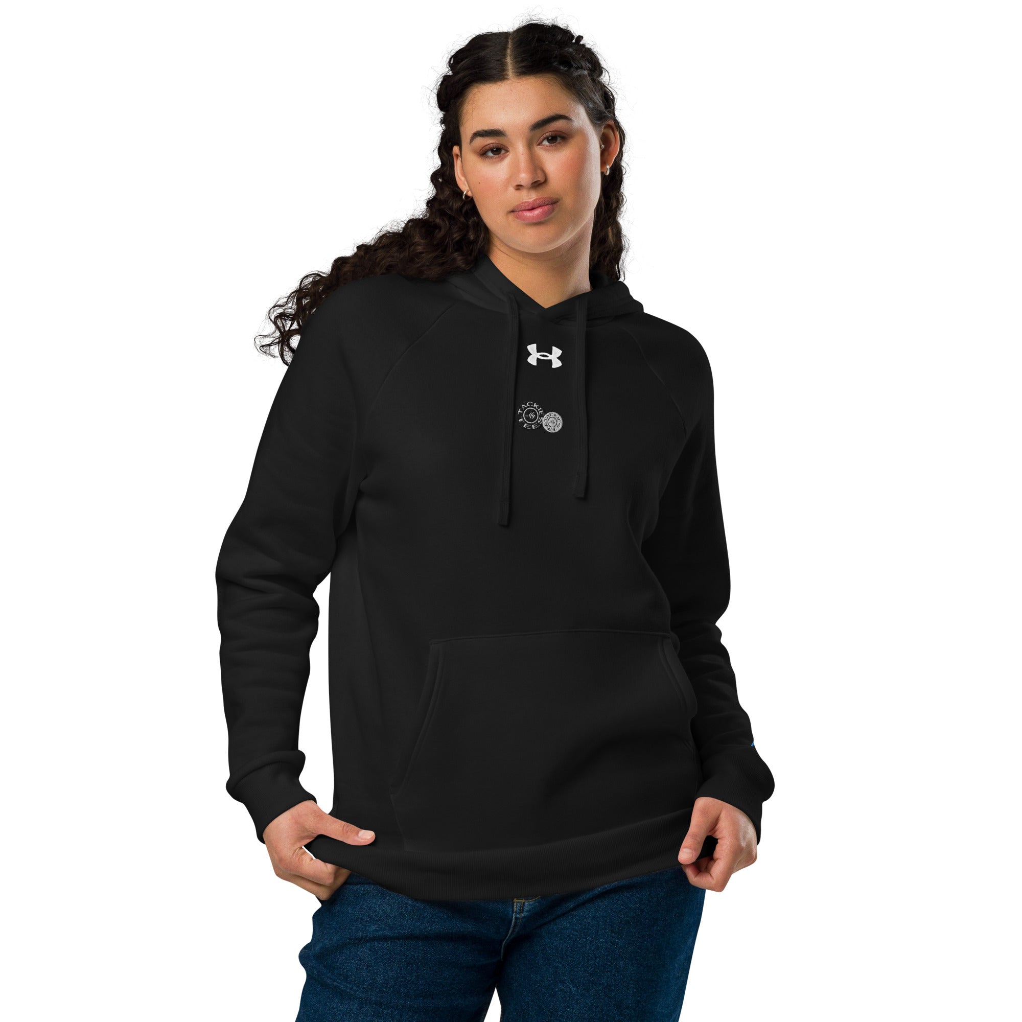 Woman wearing black Under Armour x Signature embroidered hoodie, showing relaxed fit and soft fleece material for comfort and warmth.