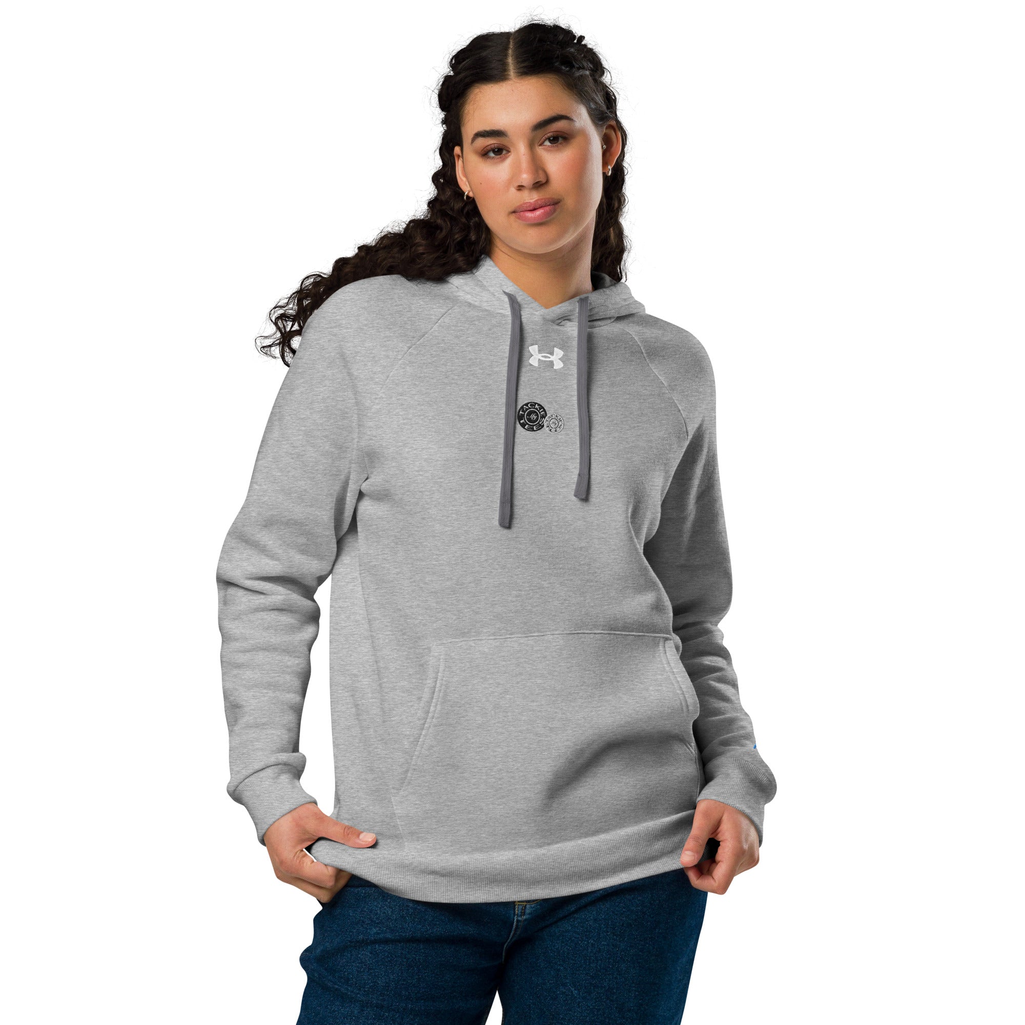 Woman wearing Under Armour® x Signature embroidered hoodie in grey, showcasing the soft fleece material and relaxed fit for casual and athletic comfort