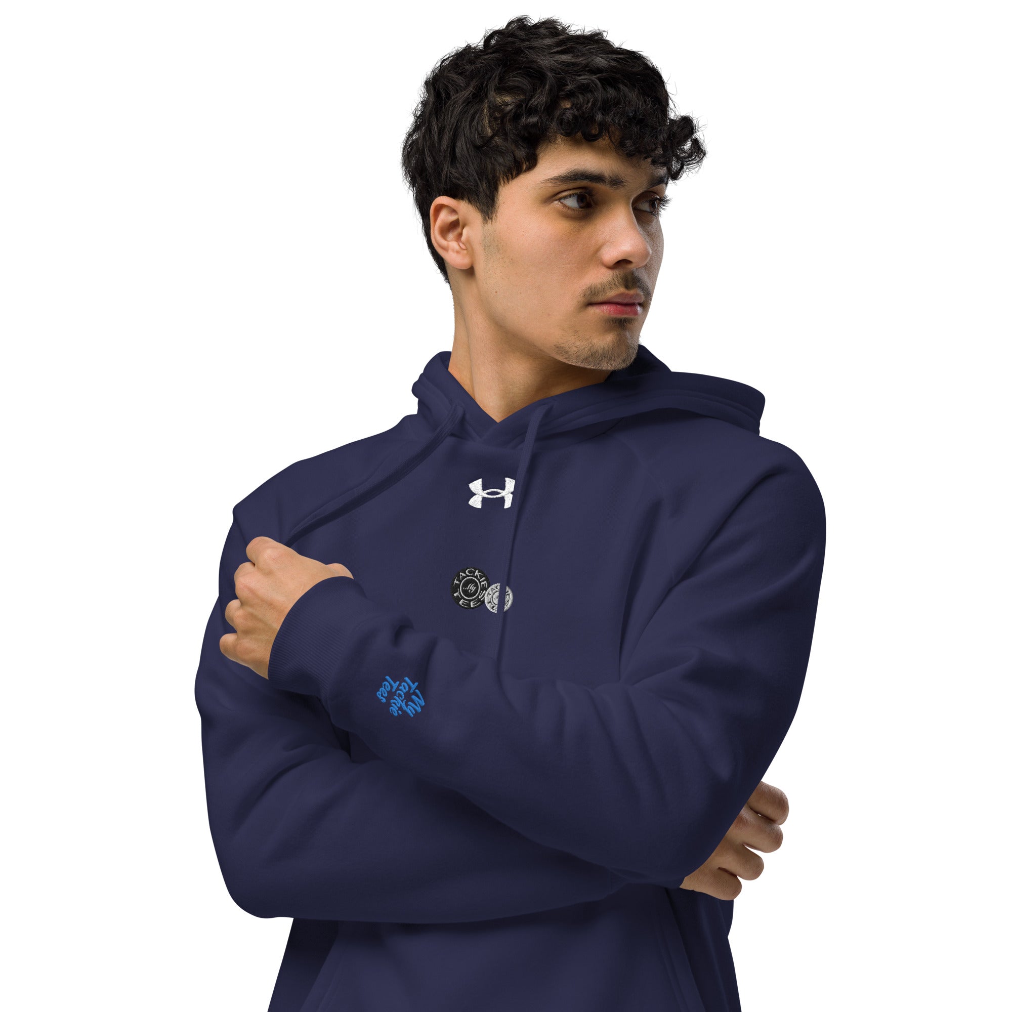 Man wearing Under Armour x Signature embroidered fleece hoodie in navy blue with relaxed fit for comfort and warmth.