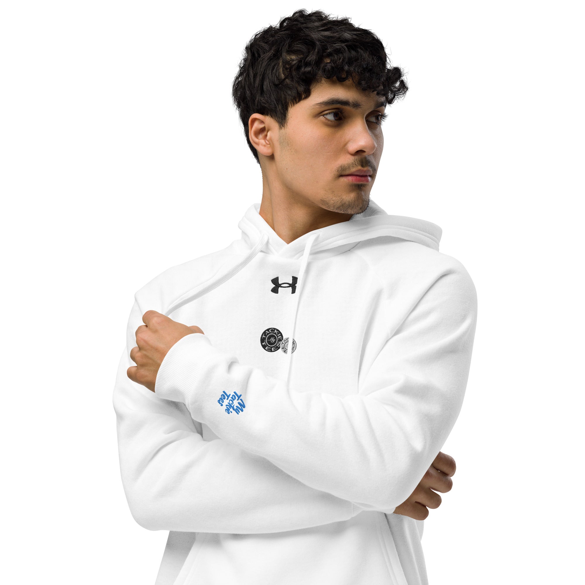 Man wearing a white Under Armour x Signature embroidered hoodie with luxurious fleece fabric and relaxed fit for comfort and style.