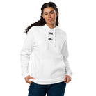 Woman wearing Under Armour® x Signature embroidered hoodie in white, showcasing its relaxed fit and soft fleece fabric for ultimate comfort.