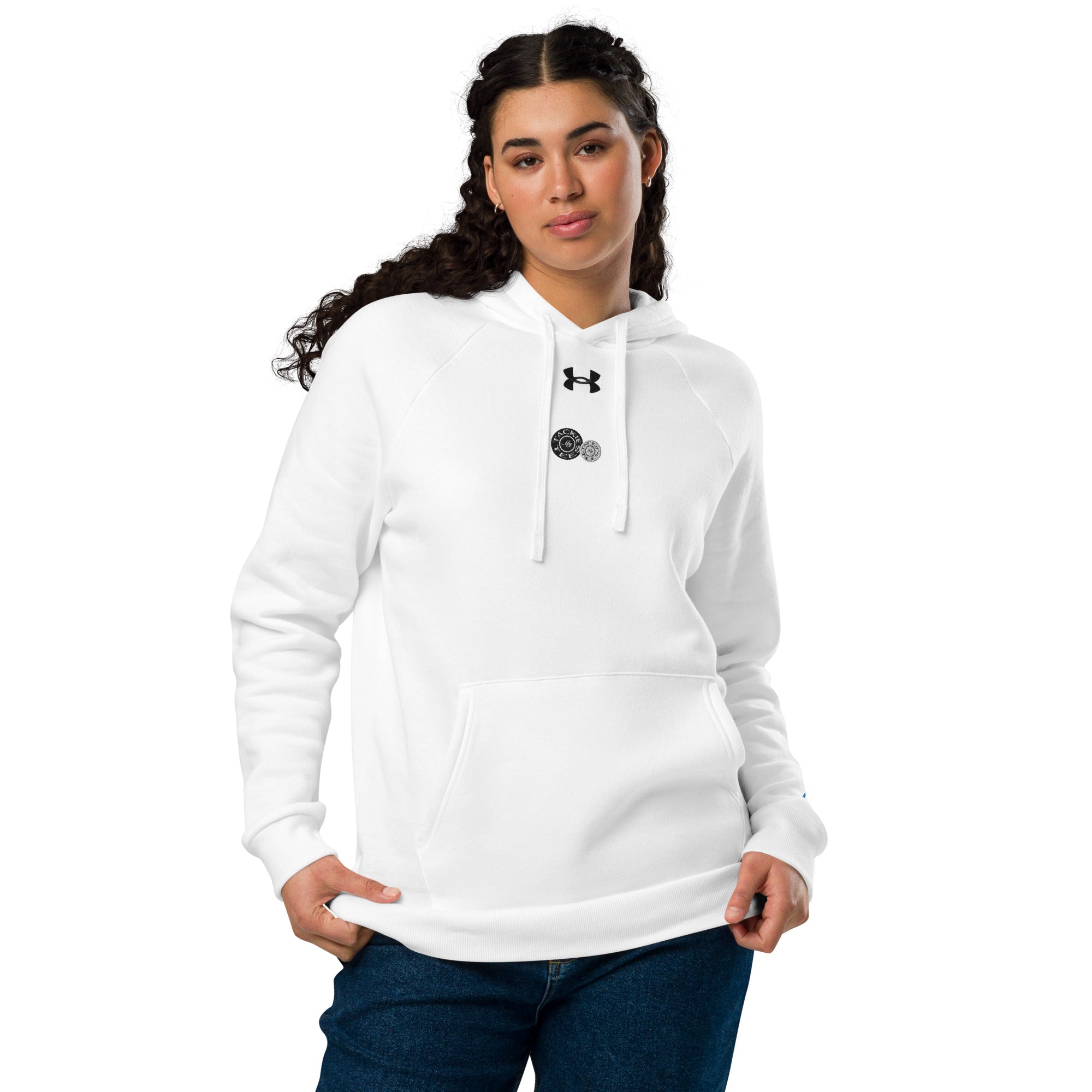 Woman wearing Under Armour® x Signature embroidered hoodie in white, showcasing its relaxed fit and soft fleece fabric for ultimate comfort.